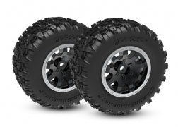 Traxxas Tires & wheels, assembled (black with satin beadlock wheels, dual profile (2.1" outer, 2.6" inner), Sledgehammer® tires, foam inserts))