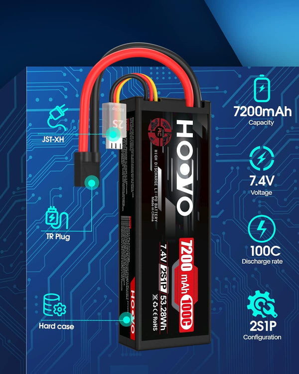 HOOVO 2S Lipo Battery 7.4V 7200mAh 100C RC Lipo Battery Pack Hard Case