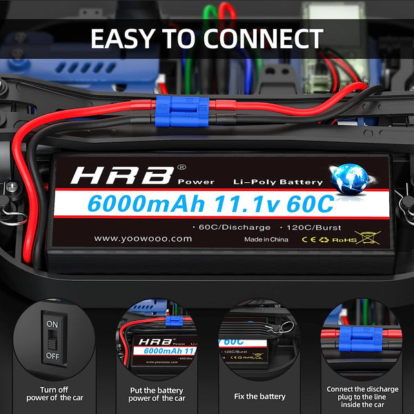 HRB 3S Lipo Battery 6000mAh 11.1V 60C Hard Case Battery with EC5 Connector