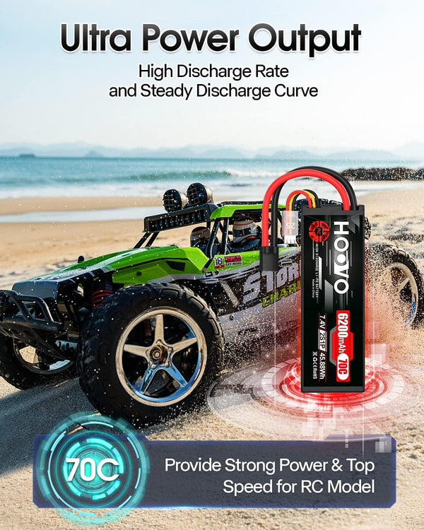 HOOVO 7.4V 70C 6200mAh 2S Lipo Battery Hard Case with Traxxas Plug