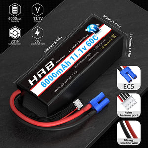 HRB 3S Lipo Battery 6000mAh 11.1V 60C Hard Case Battery with EC5 Connector