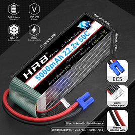 HRB6S50C5000 HRB 6S Lipo Battery 5000mAh 22.2V Soft Case 50C-100C with EC5 Plug