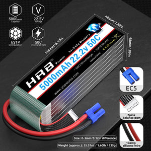 HRB 6S Lipo Battery 5000mAh 22.2V Soft Case 50C-100C with EC5 Plug