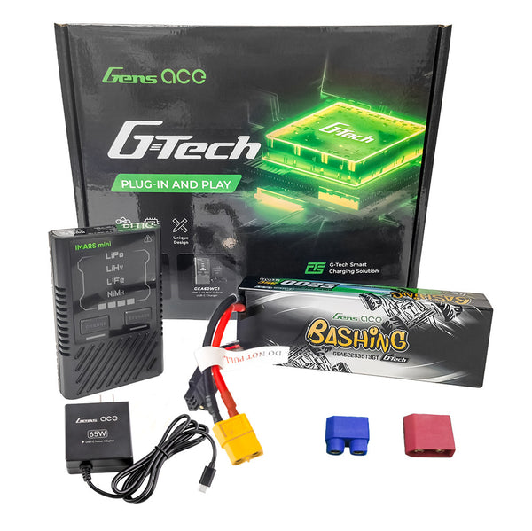 Gens ace 5200mAh 2S 35C 7.4V G-Tech Bashing Series Lipo Battery Pack Hardcase 24# With EC3, Deans And XT60 Adapter *1 + iMars mini G-Tech 60W RC Smart Charger*1 - Charger Combo