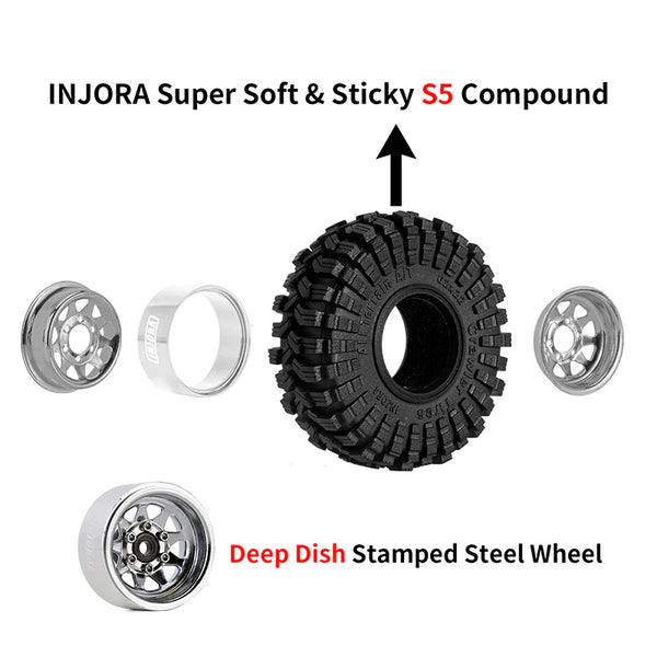 INJORA 1.0" 62*22mm -3.78mm Offset Beadlock Wheel Rims Tires Set For 1/24 RC Crawlers (4) (W1004-T1014)-Silver