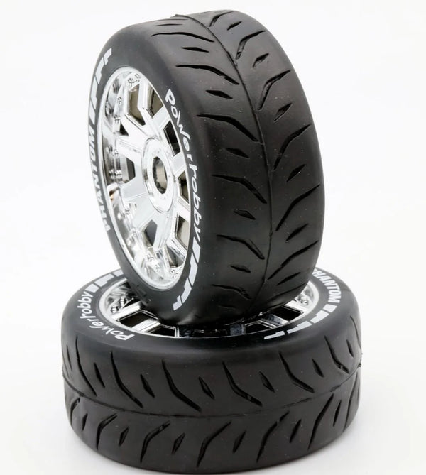 Power Hobby 1/8 GT Belted Tire - Medium Chrome Rim Hex 17mm / Mounted