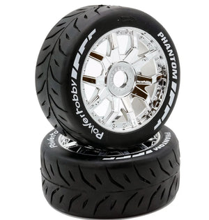 Power Hobby 1/8 GT Belted Tire - Medium Chrome Rim Hex 17mm / Mounted