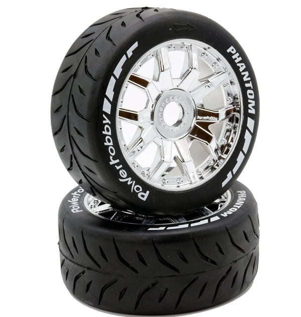 Power Hobby 1/8 GT Belted Tire - Medium Chrome Rim Hex 17mm / Mounted