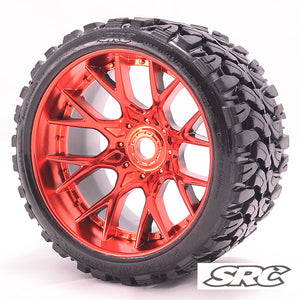 Sweep Racing Monster Truck Terrain Crusher Belted tire Preglued on WHD Red Chrome Wheel 2pc