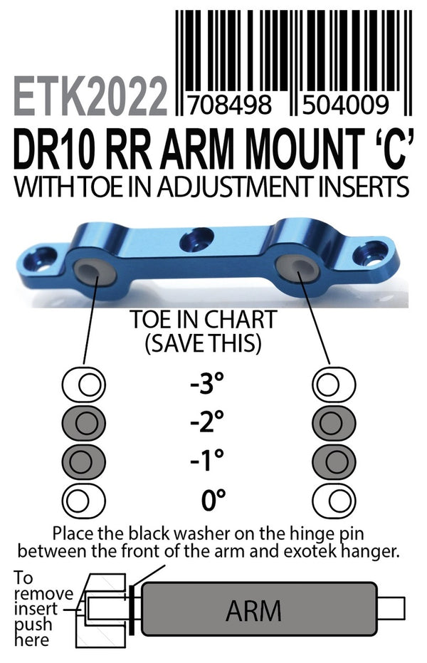 Exotek DR10 HD Rear Arm Mount (C) with 0°, -1°, -2°,- 3° Inserts